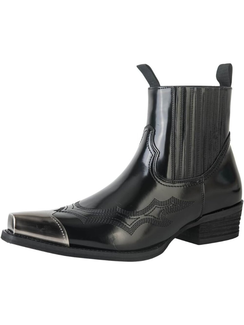 🆕Men's Black Vintage Patent Leather Chelsea boots Steel Toe with Embroidered